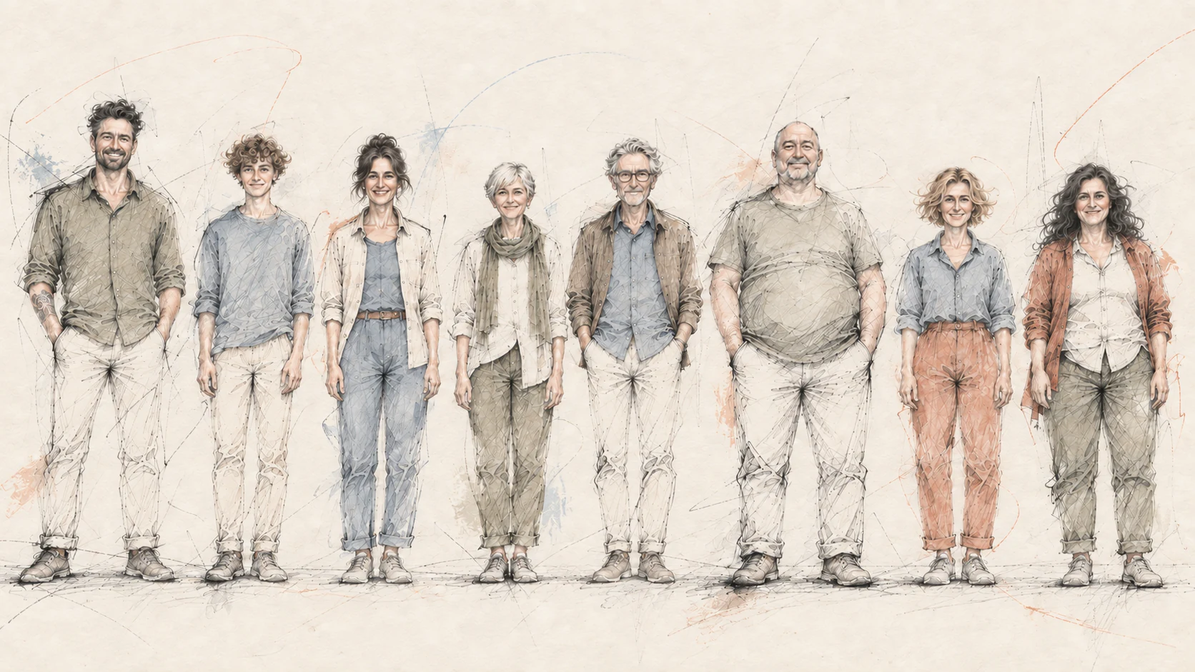 A drawing of people standing together, their feet on the ground.