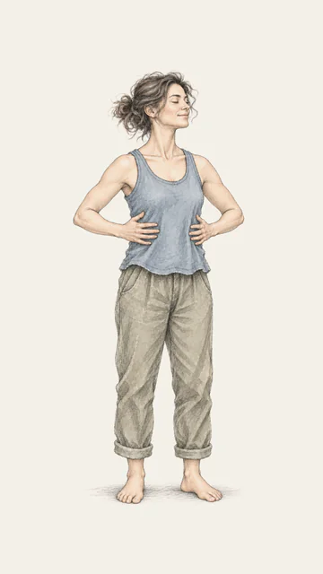 A woman in a blue vest with her hands on her ribs.