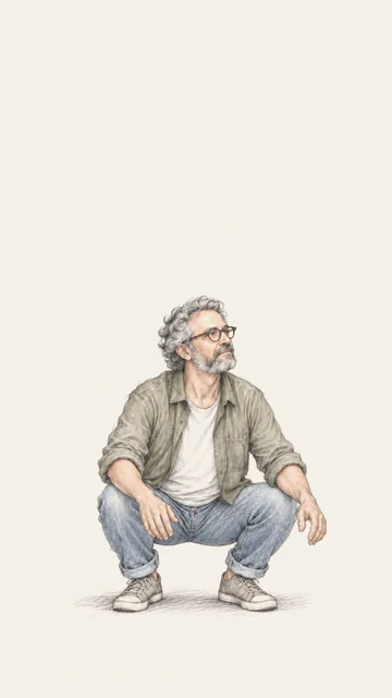 A man with glasses in a deep squat, his feet on the ground.