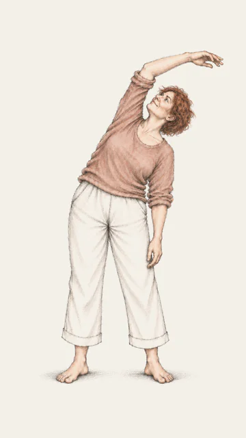A woman in a terracotta jumper bending to one side.